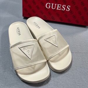 GUESS Los Angeles Women's Slides Sandals Cream Logo Casual Slip On Size 8M‎